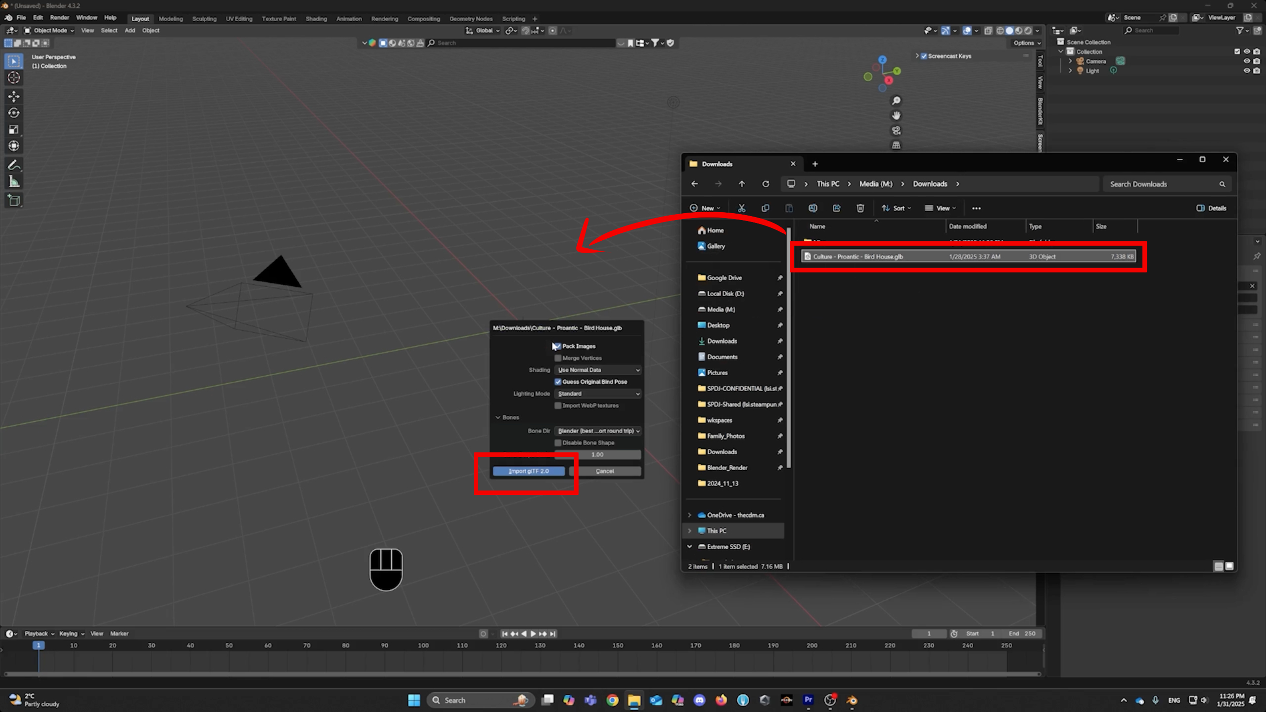 Import the GLB file by dragging