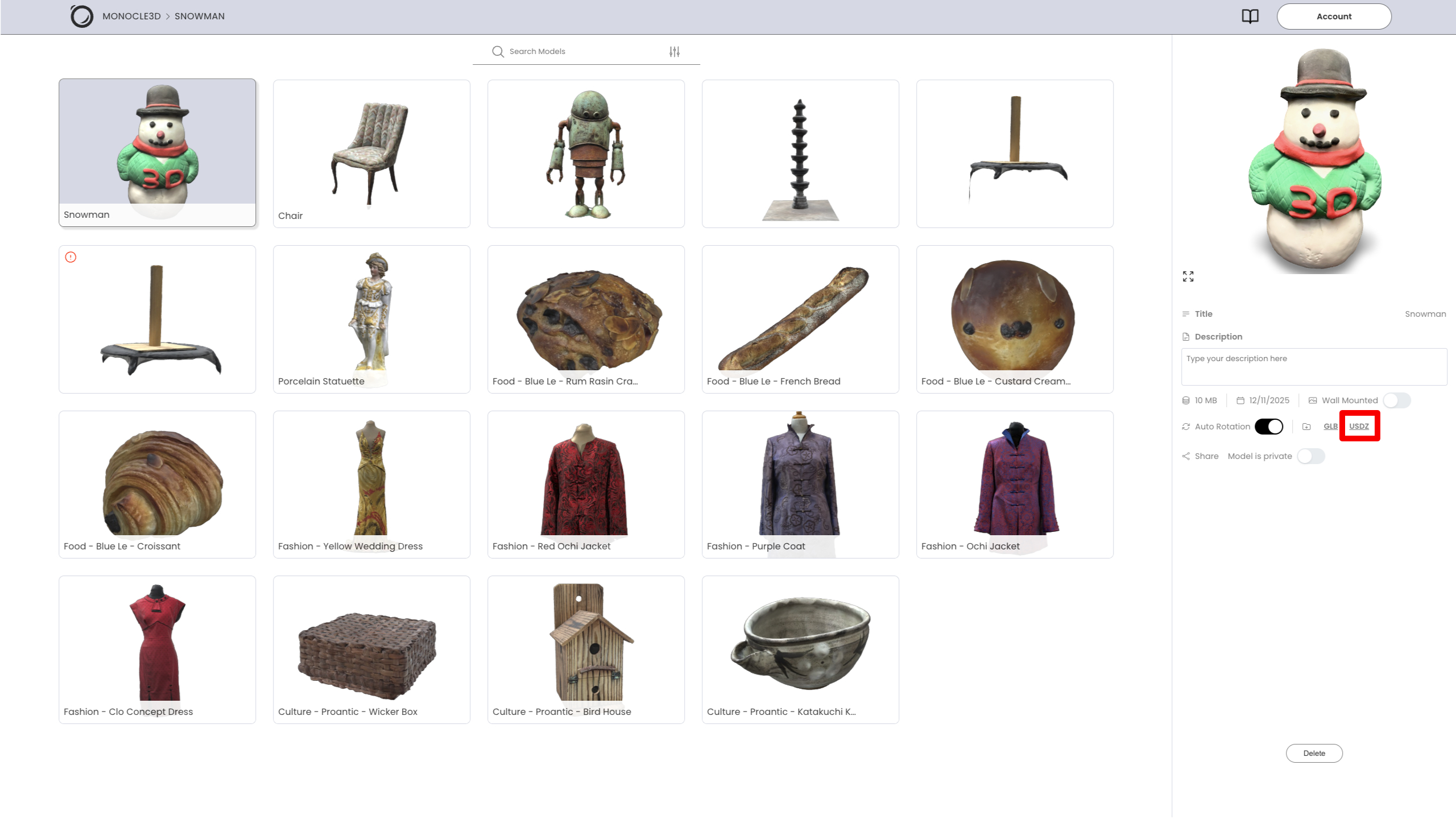 Download USDZ file from Monocle Gallery